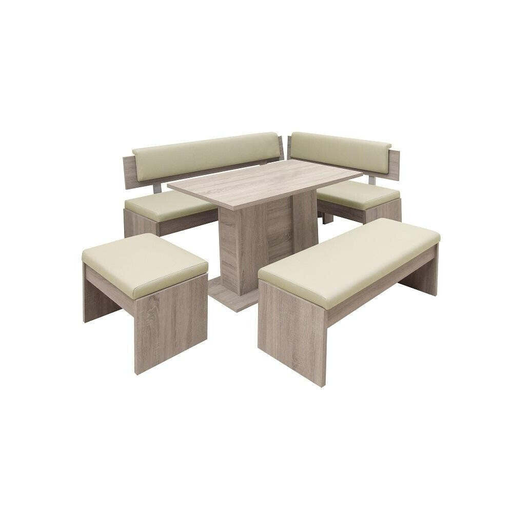 Esszimmergarnitur Elinor - Eckbank, Tisch, 2x Hocker (Eiche, beige)