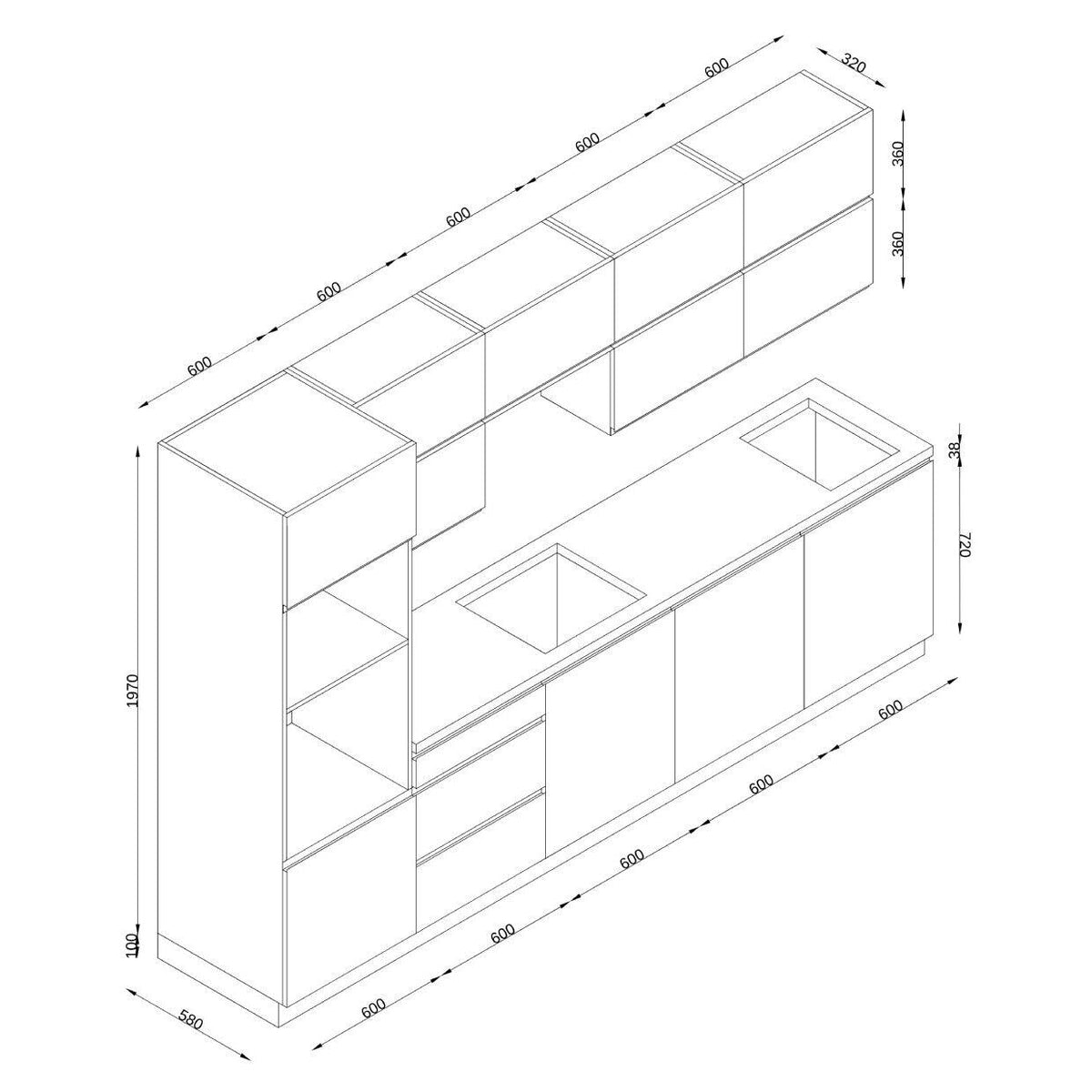 Küche Electra 300 cm (weiß hochglanz, lackiert)